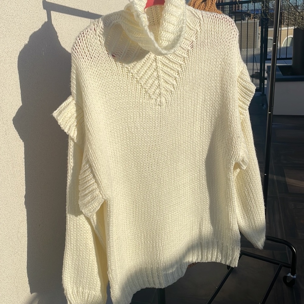 LAST 1! Clearance Vest Ruffle Slouchy Boho Cream Mock Turtleneck Soft Sweater - Picture 5 of 5
